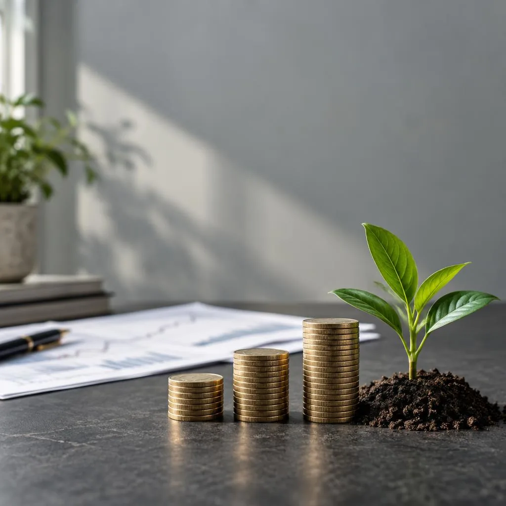 Growing coin stacks beside a green seedling, representing natural capital and lasting value